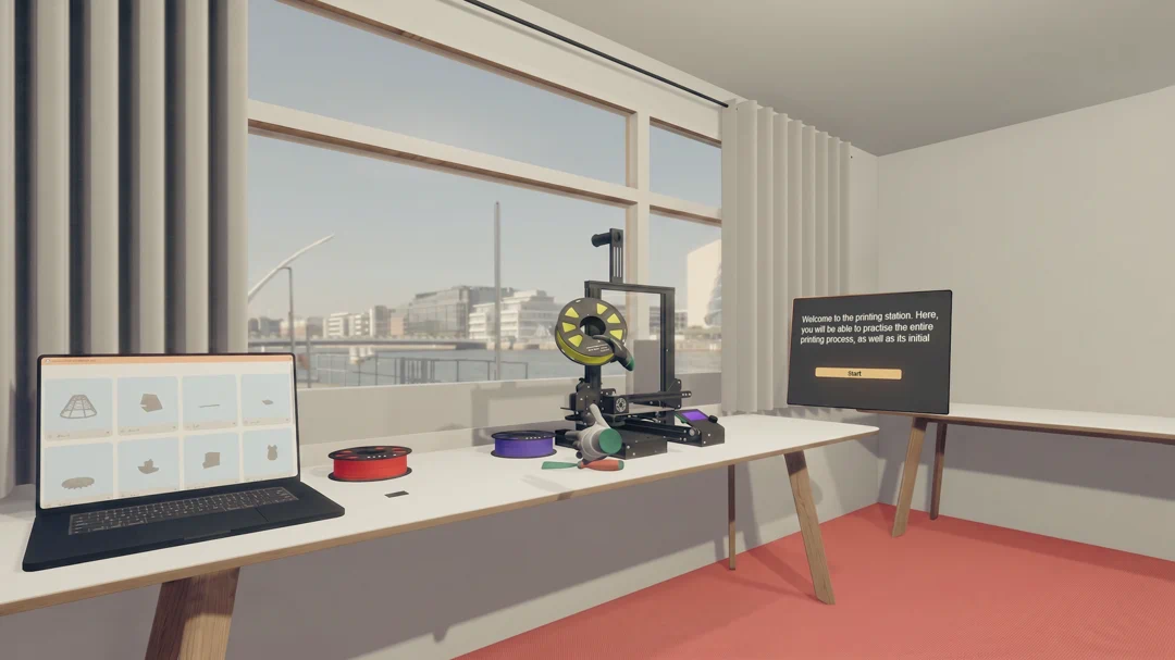 Virtual reality environment showcasing 3D printers for schools UK within the simulation