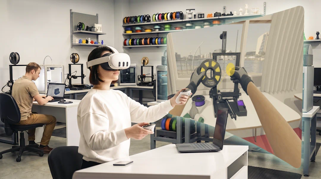 Young woman using Meta VR headset in a 3D printing simulator environment for schools